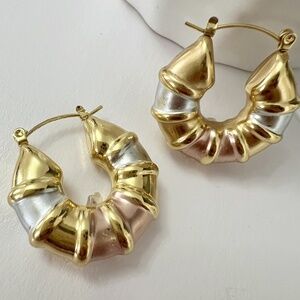 Tri Color Bamboo Hoop Earrings Stainless Steel Jewelry Womens NEW